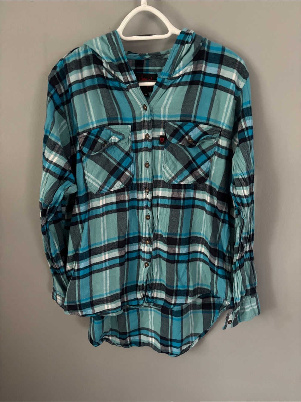 Plaid Hooded Button-Down Shirt in Teal and Blue